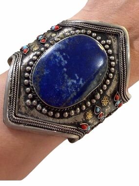 Vintage Afghan Kuchi Tribal Cuff Bracelet - Huge Natural Lapis Lazuli Stone
